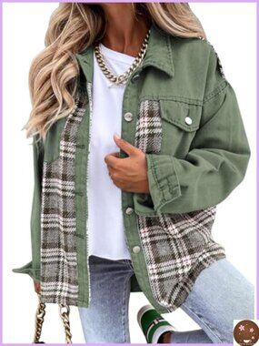 Oversized Plaid Denim Jacket Long Sleeve Button Down Shacket Women
